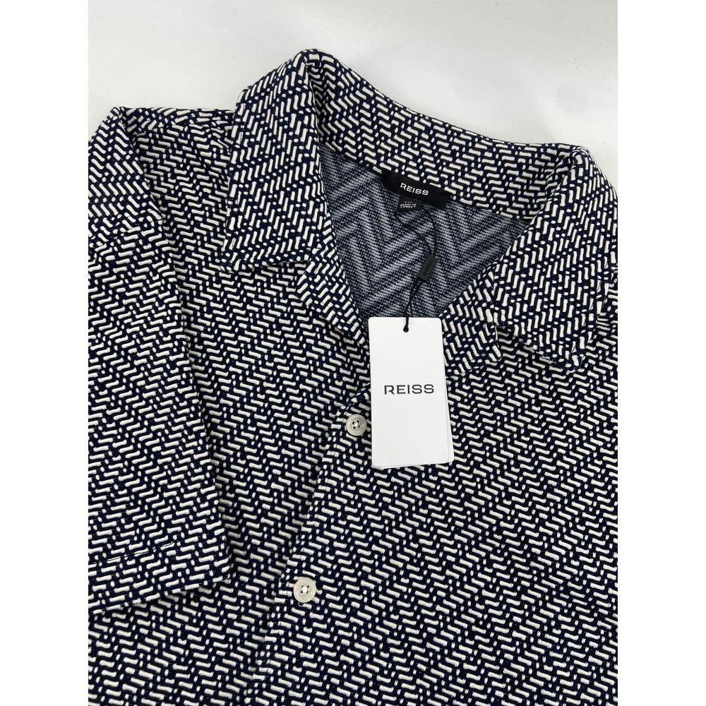 Reiss Shirt Mens 2XL Navy Jono Cuban Button Short Sleeve Knit Geometric Casual